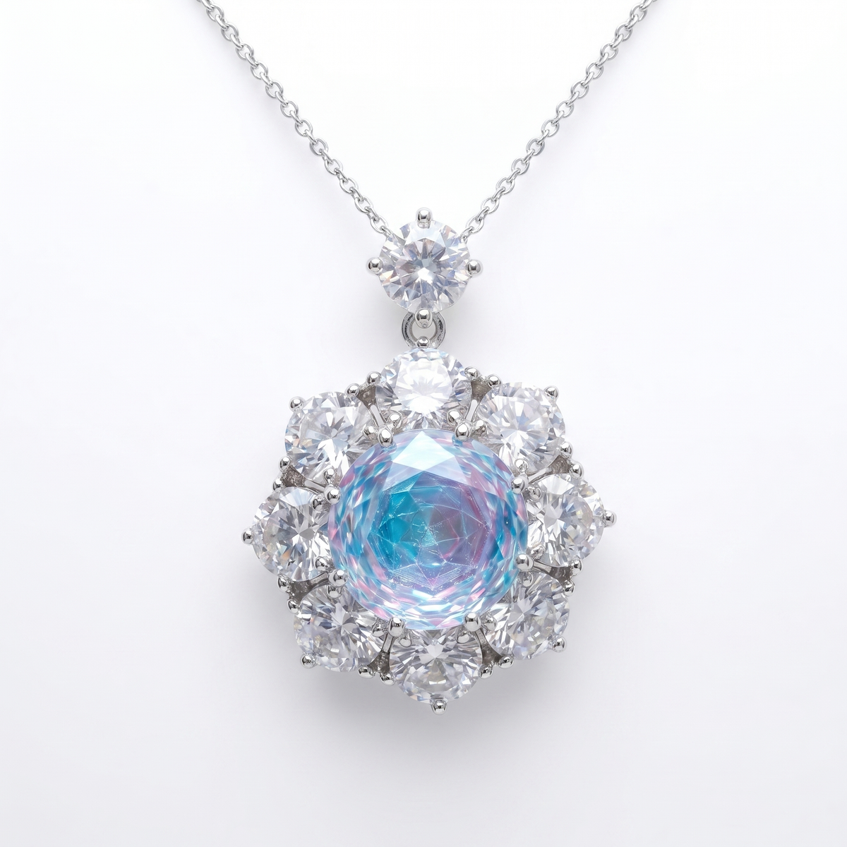 Aurora Crystal Floral Halo Pendant Necklace, Rhodium finish