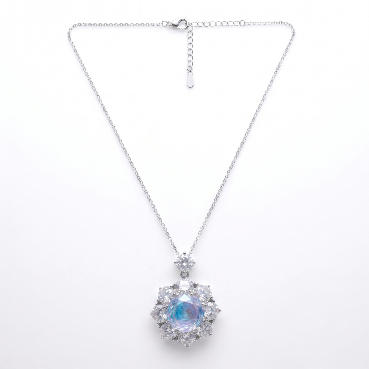 Aurora Crystal Floral Halo Pendant Necklace, Rhodium finish