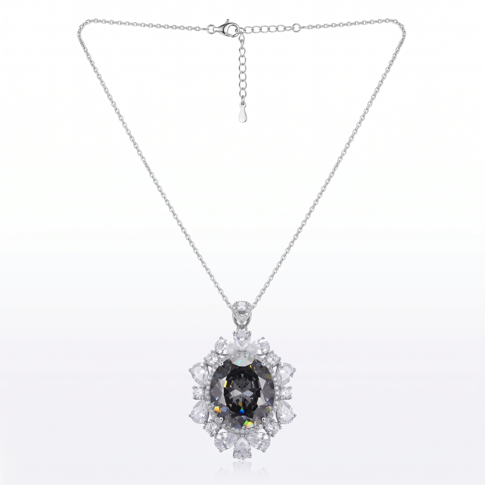 Coralia Grey & White Crystal Floral Halo Pendant Necklace, Rhodium finish