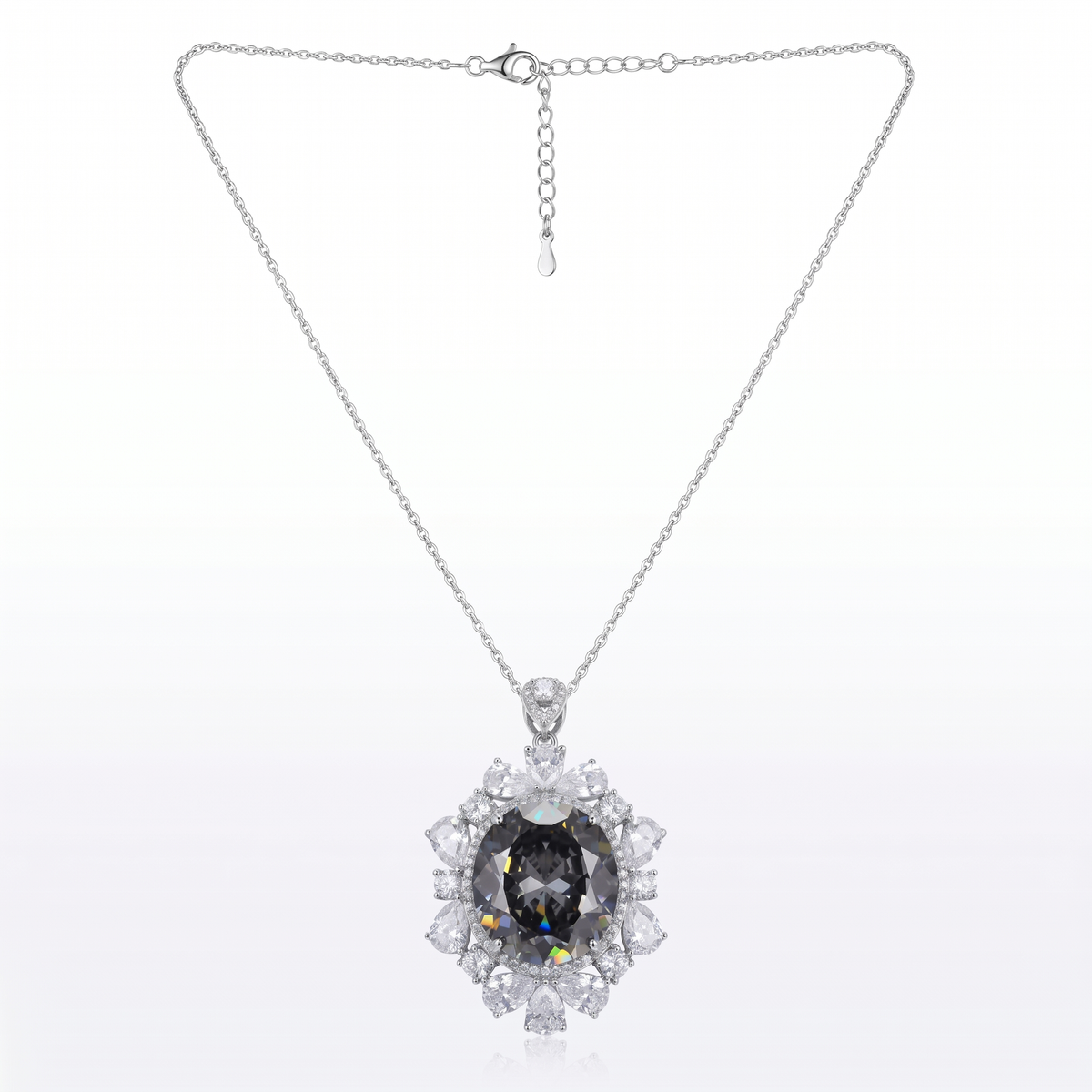 Coralia Grey &amp; White Crystal Floral Halo Pendant Necklace, Rhodium finish