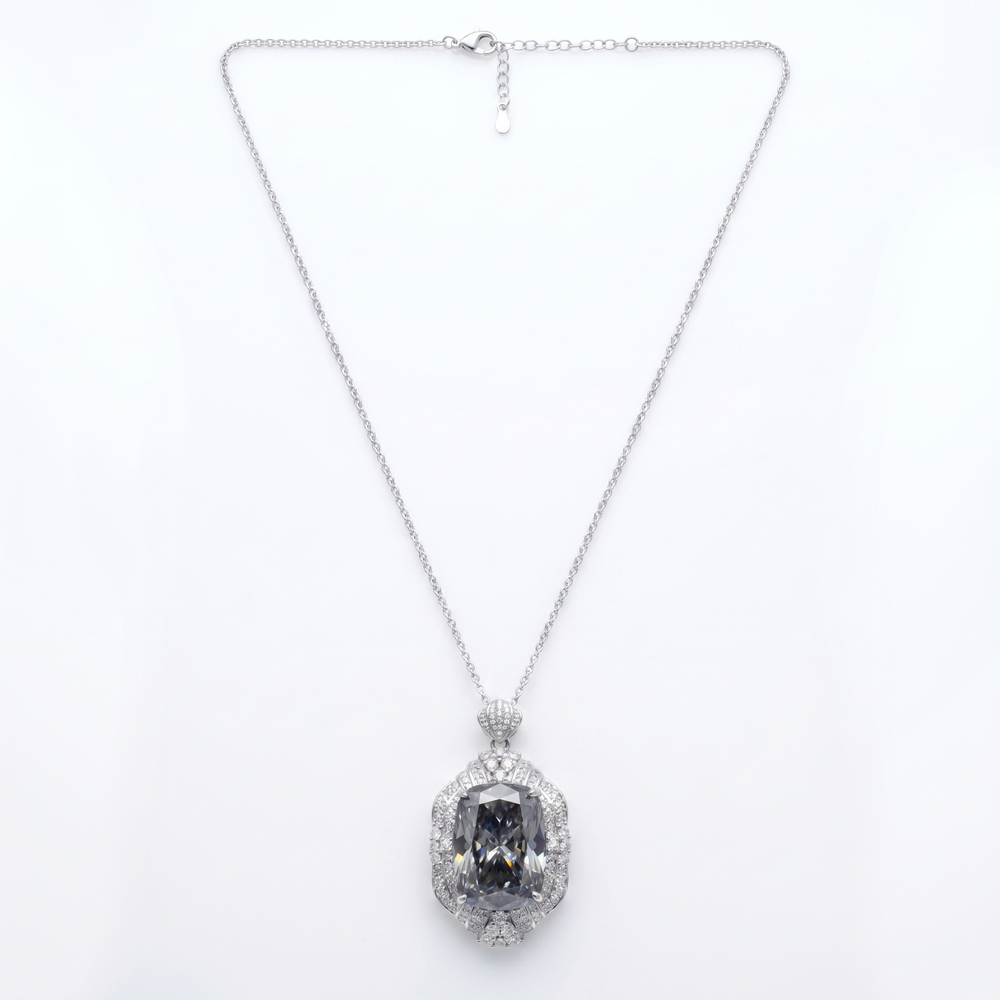 Eclipse Grey Crystal Cushion Royal Pendant Necklace, Rhodium finish
