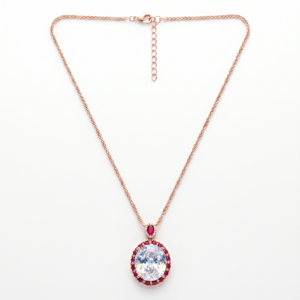 Seraphina White & Red Crystal Oval Halo Pendant Necklace, Rose Gold finish
