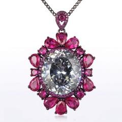 Bellora White & Pink Crystal Floral Halo Pendant Necklace, Black Rhodium finish