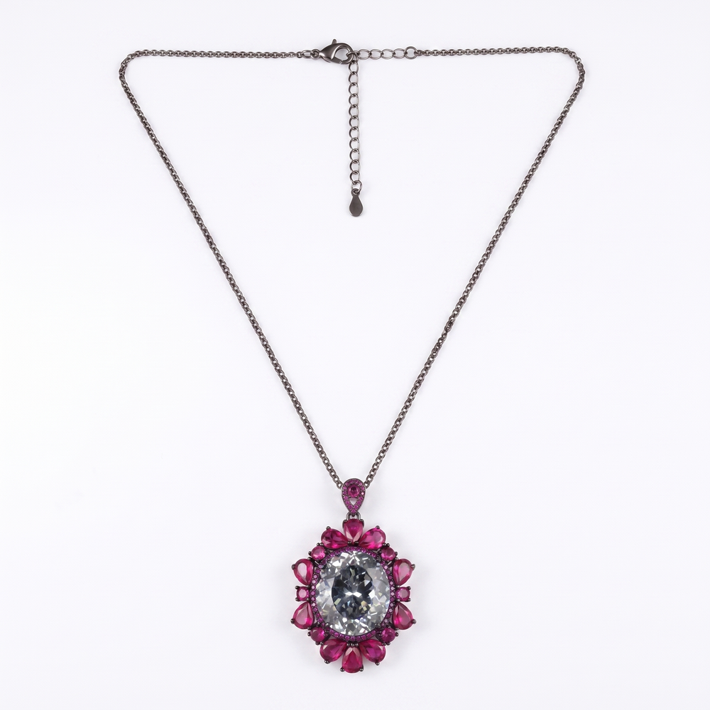 Bellora White & Pink Crystal Floral Halo Pendant Necklace, Black Rhodium finish