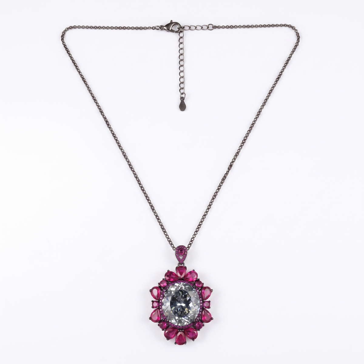Bellora White & Pink Crystal Floral Halo Pendant Necklace, Black Rhodium finish
