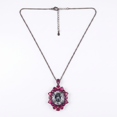 Bellora White & Pink Crystal Floral Halo Pendant Necklace, Black Rhodium finish