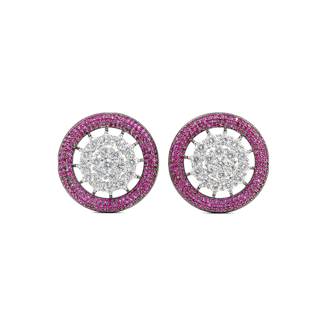 Blue and white openwork wheel stud earrings for women, black rhodium - RANGREZ