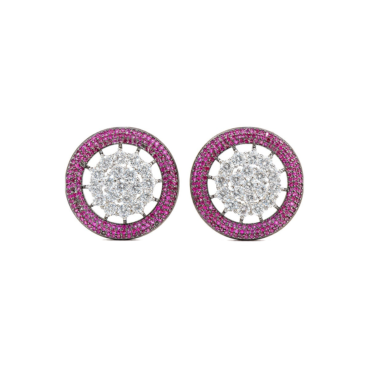 Blue and white openwork wheel stud earrings for women, black rhodium - RANGREZ