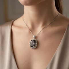 Duetta Grey Crystal Cushion Halo Pendant Necklace, Gold & Rhodium finish