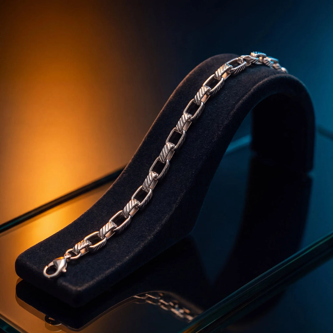 Textured Cable Link Silver-Tone Bracelet for Men - view 6