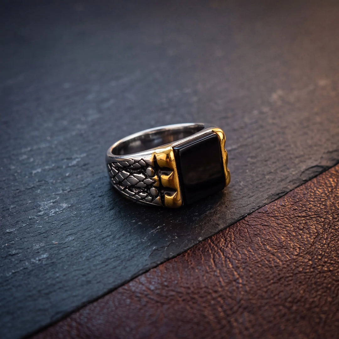 Black Stone Silver-Tone Signet Ring for Men - view 1