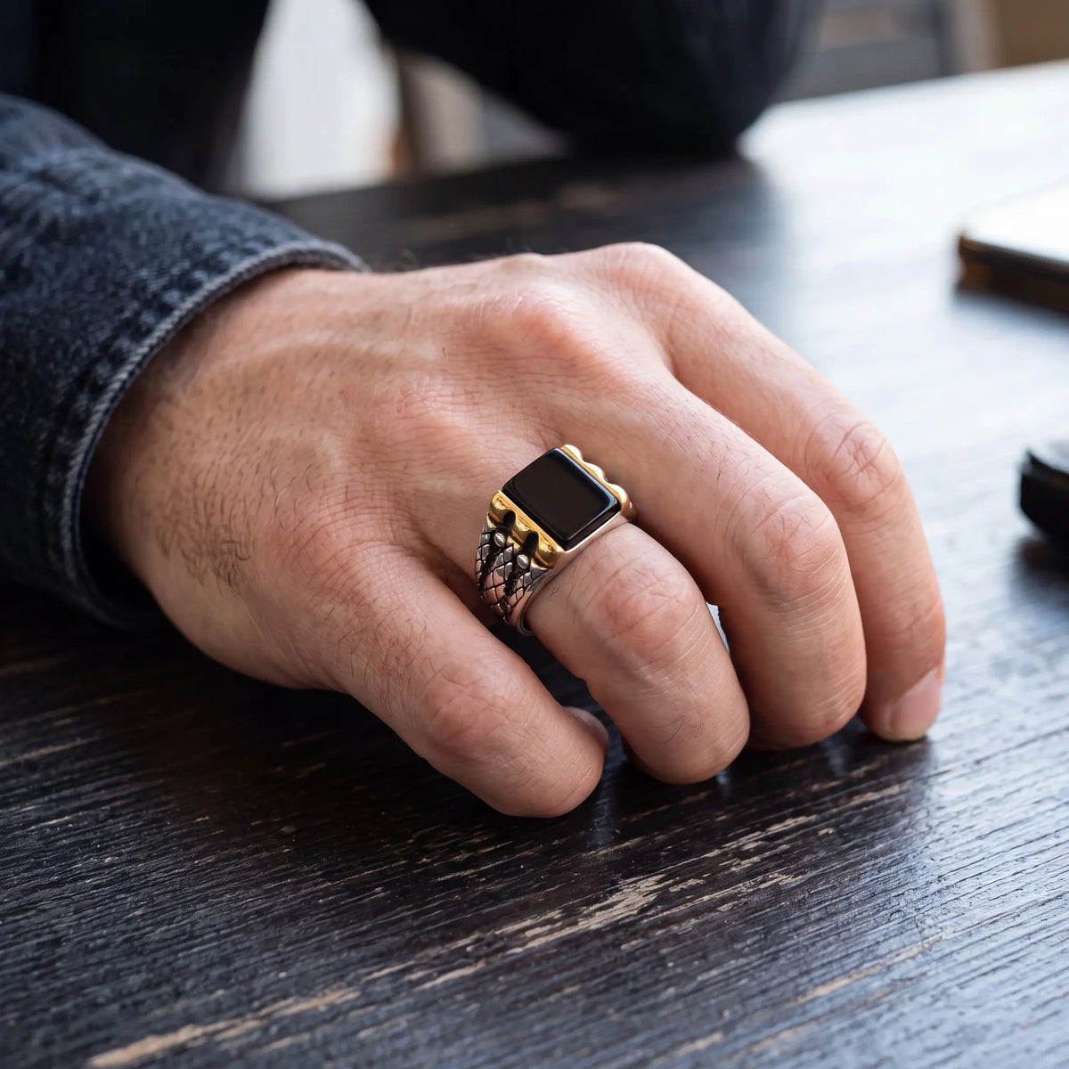 Black Stone Silver-Tone Signet Ring for Men - view 2