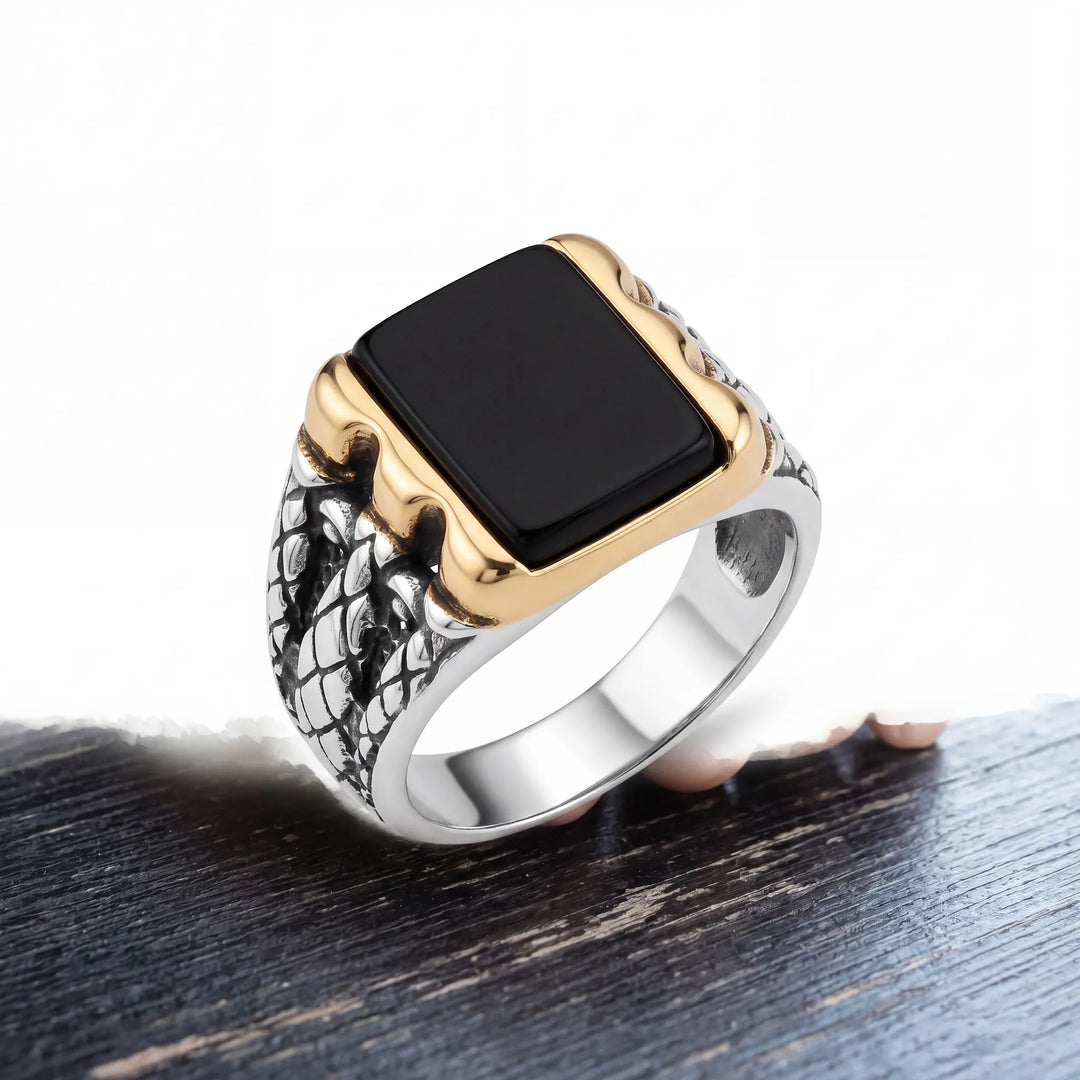 Black Stone Silver-Tone Signet Ring for Men - view 3