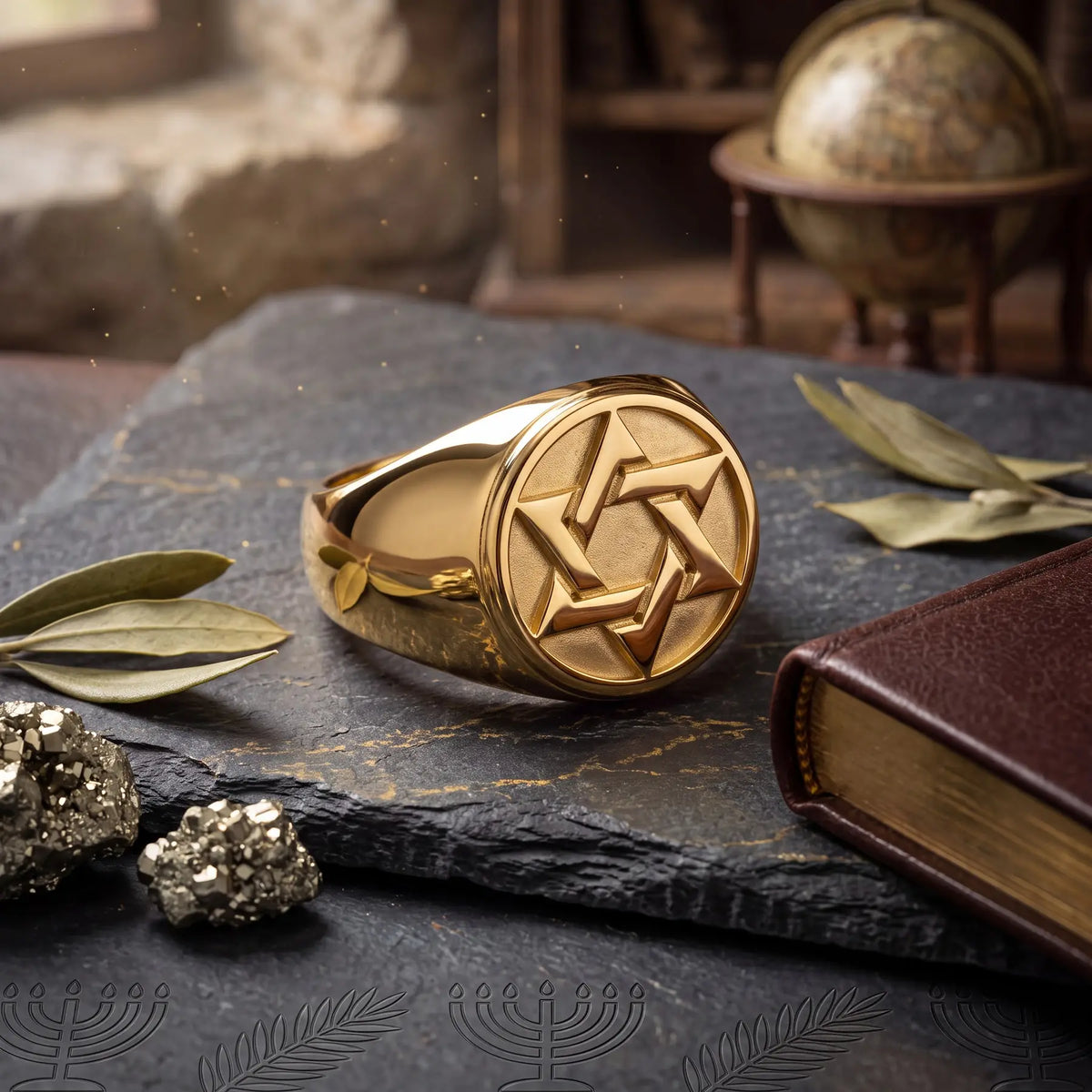 Star Engraved Gold-Tone Signet Ring for Men - view 1