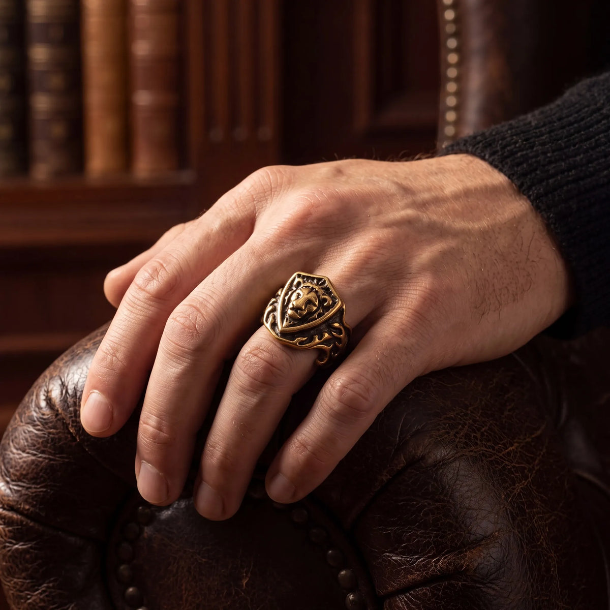 Lion Crest Antique Gold-Tone Ring for Men - view 3