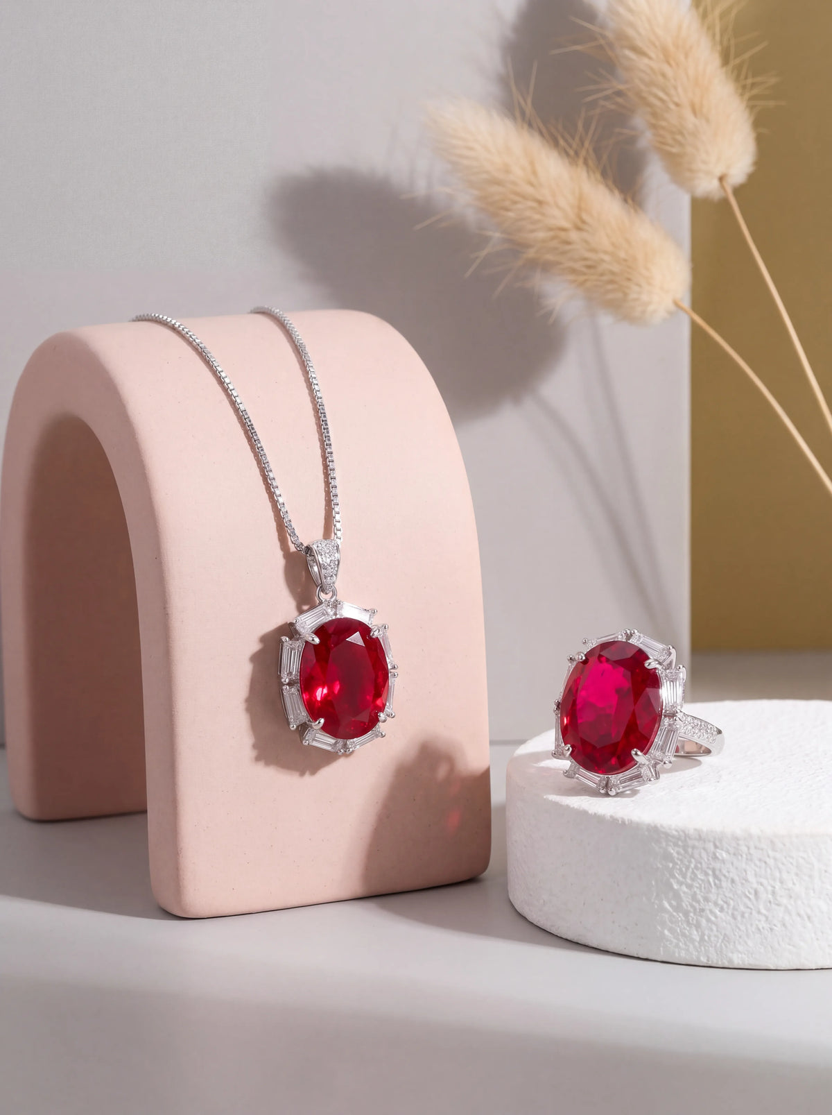 Noctis red ruby crystal oval pendant necklace and ring combo set