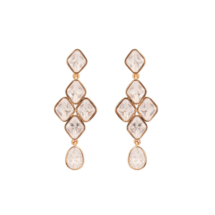Rangrez gold finish stone drop earrings front view with clear stones