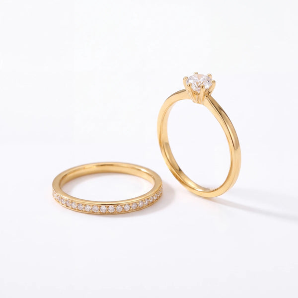Corinne Ring Set, White Solitaire and Band, Gold-tone