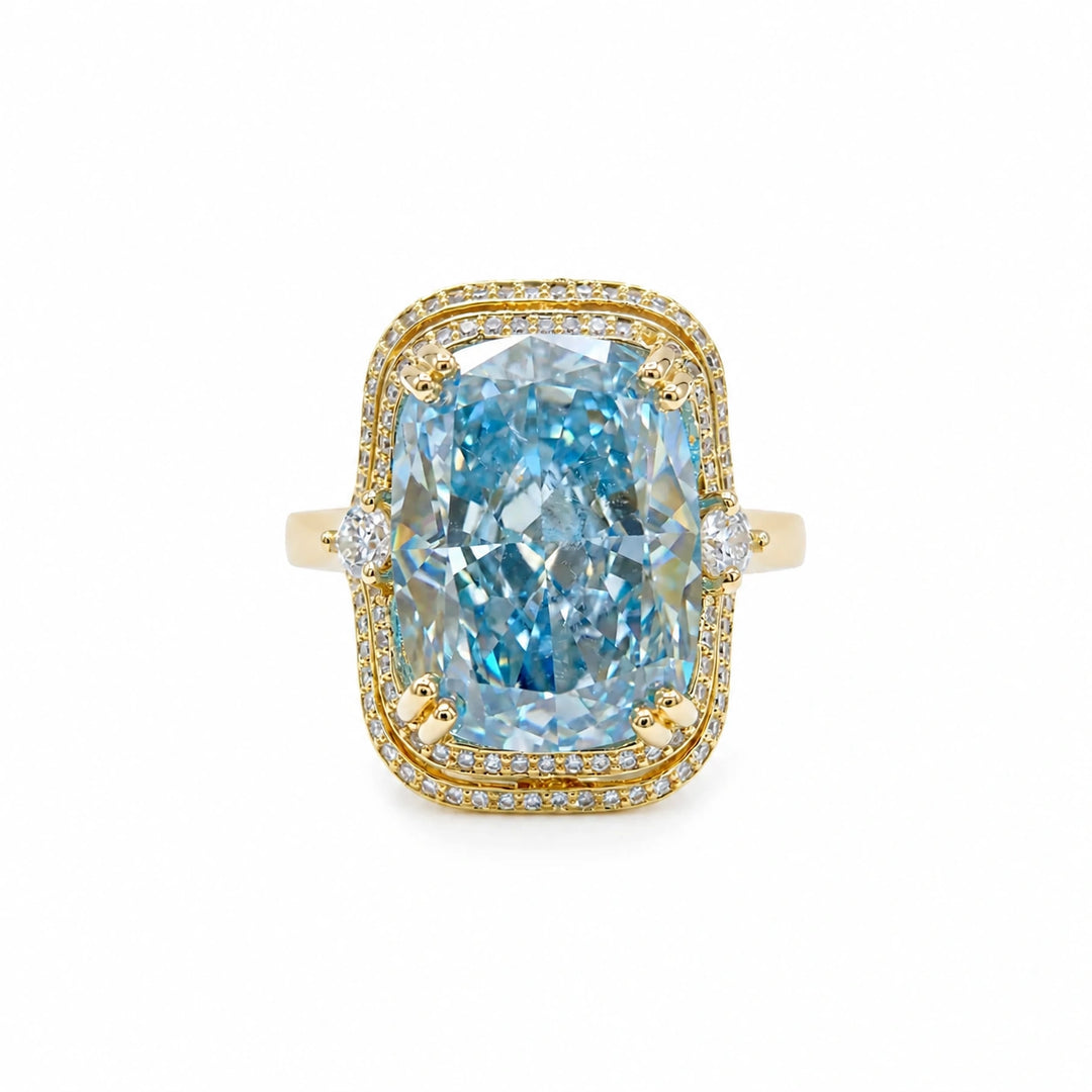 Gold double halo cushion cut cocktail ring for women - RANGREZ