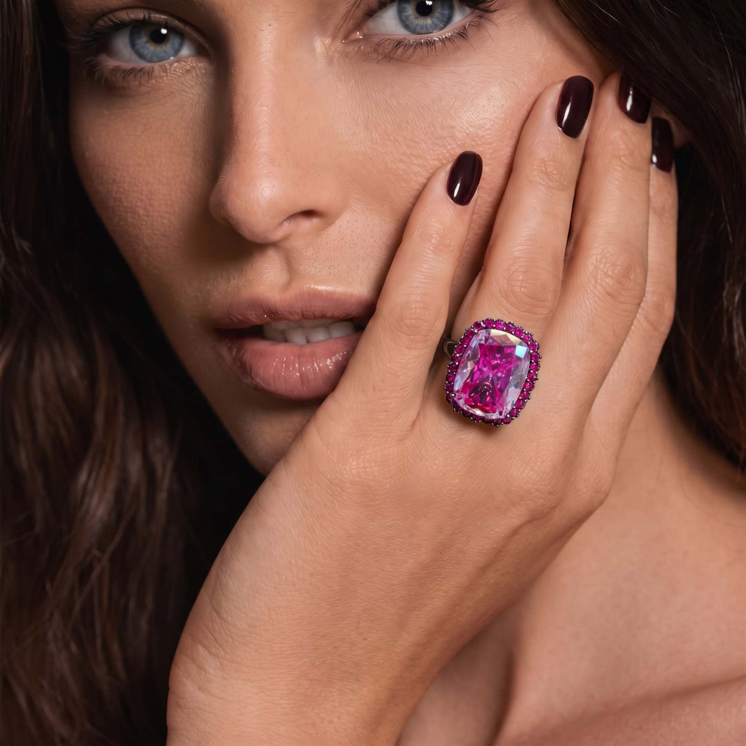 Pink cushion halo cocktail ring for women - RANGREZ (view 5)
